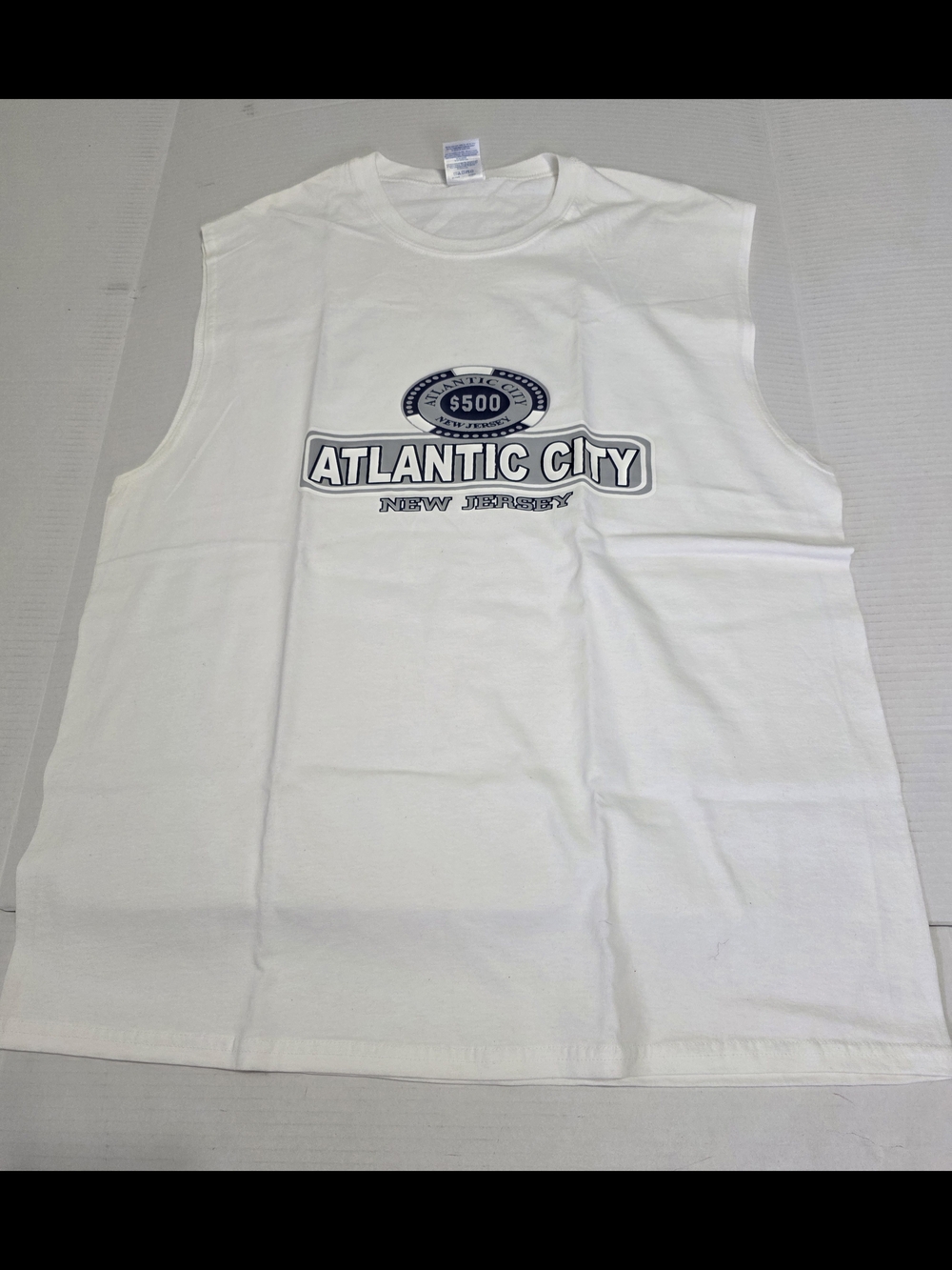 Gildan Mens XL White Cotton Muscle Tank Top with Navy Logo Atlantic City Graphic